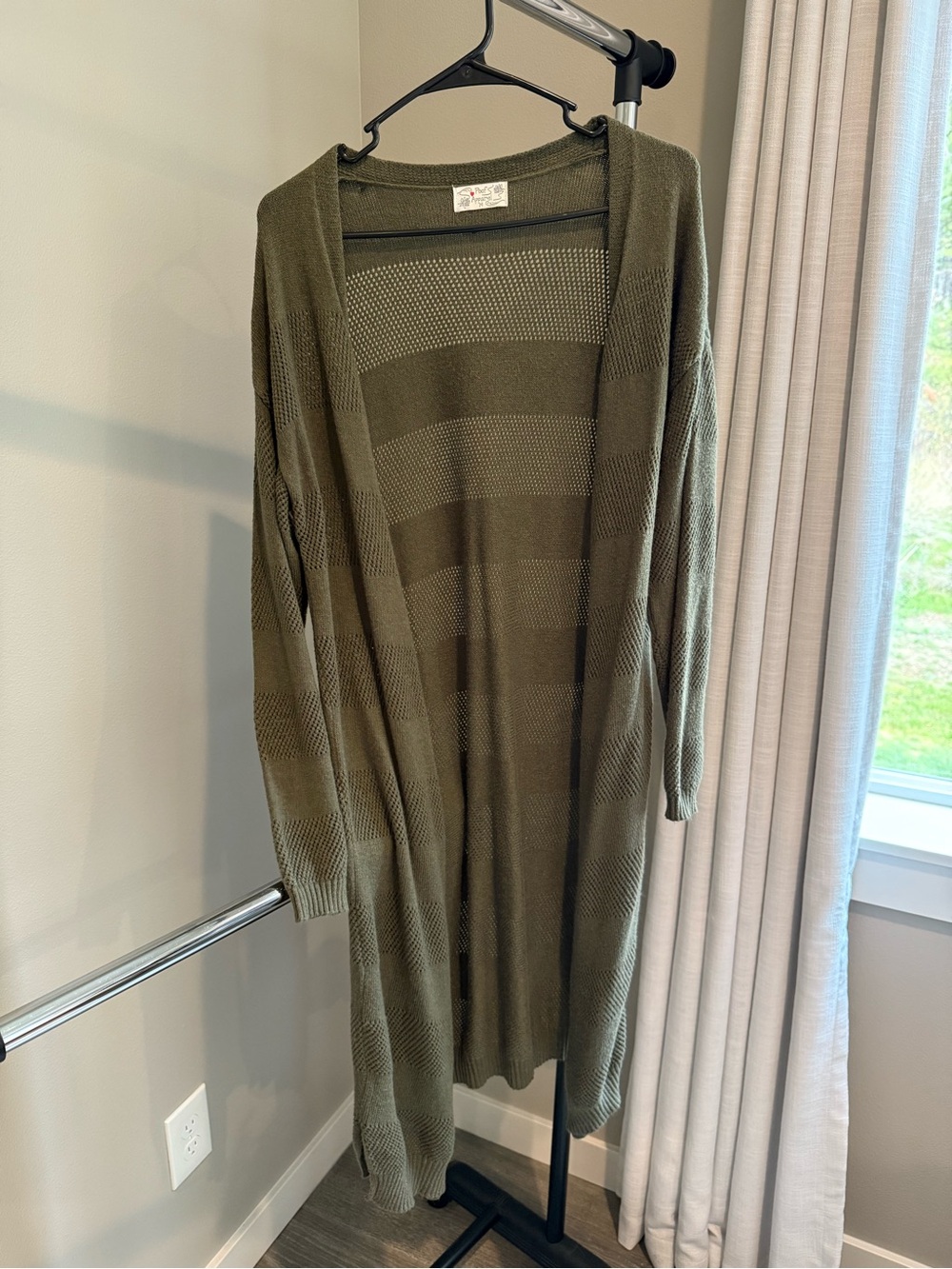 Olive Open-Front Long Knit Cardigan Sweater